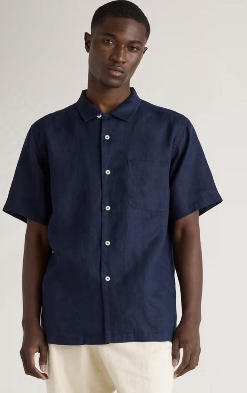 Quince Men's Black Linen Short Sleeve Button-Up Shirt Solid Point Collar XL